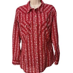 Wrangler Retro Red Floral Print Snap Button Long Sleeve Shirt, Women's Size L